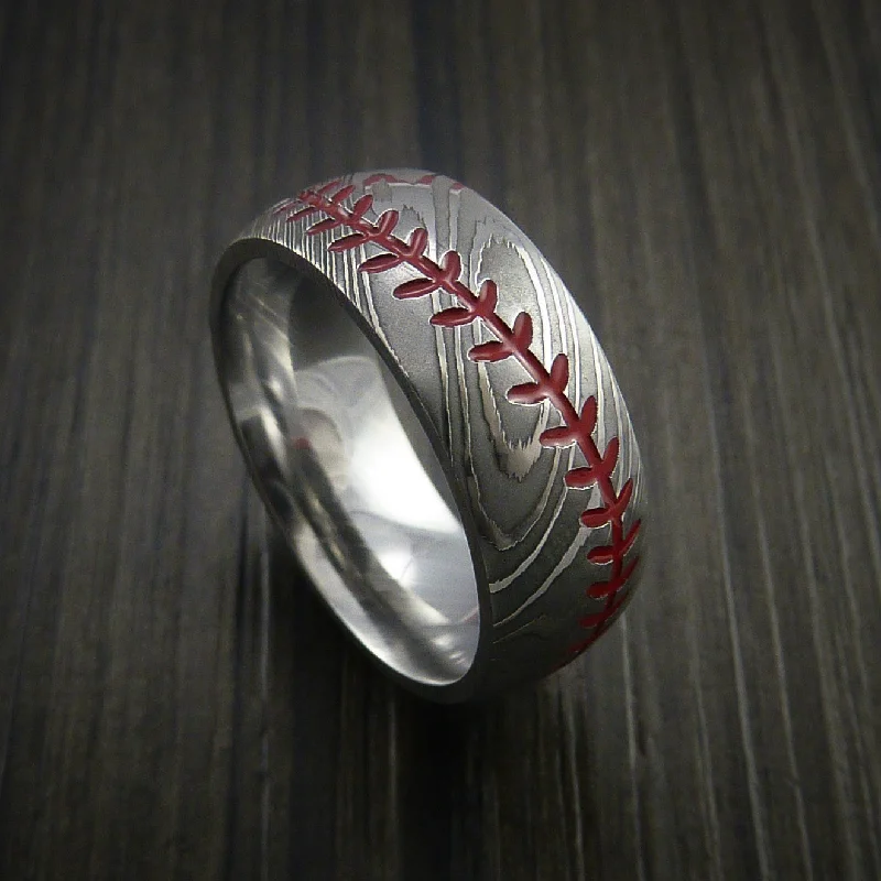 silver engagement ring with diamonds -Damascus Steel Baseball Ring with Dull Polish Finish