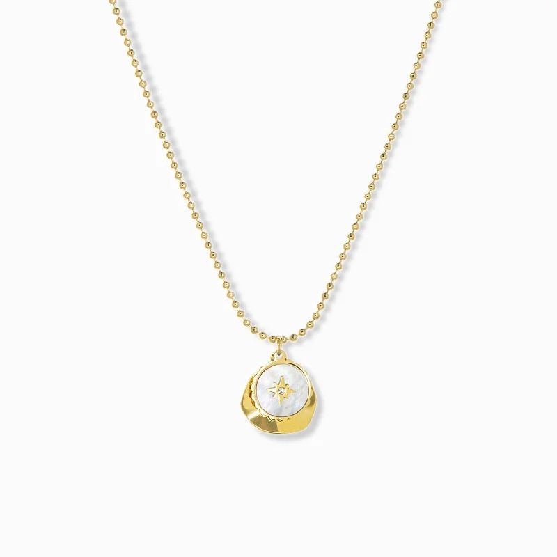 cute heart necklace for girls -delicate chain with pearl coin compass and hammered gold charm