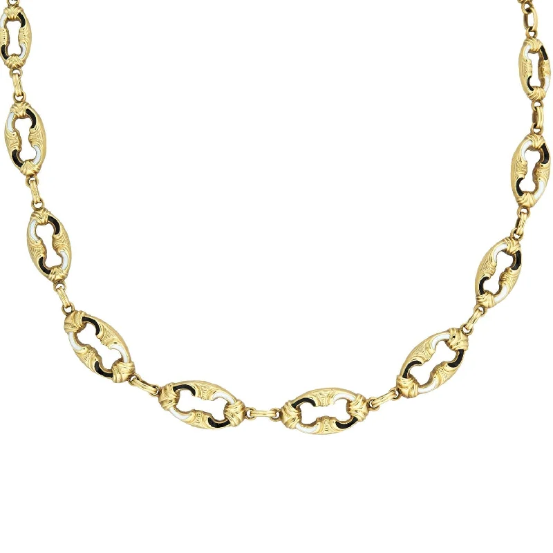 gold and silver necklace for everyday wear -Edwardian 14kt Swiss Enamel Open Link Chain Necklace 17.5"