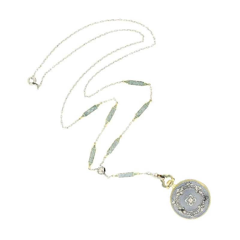 trendy necklace for everyday wear -Edwardian 18k/Platinum Blue Enameled Pocket Watch and Lorgnette Chain