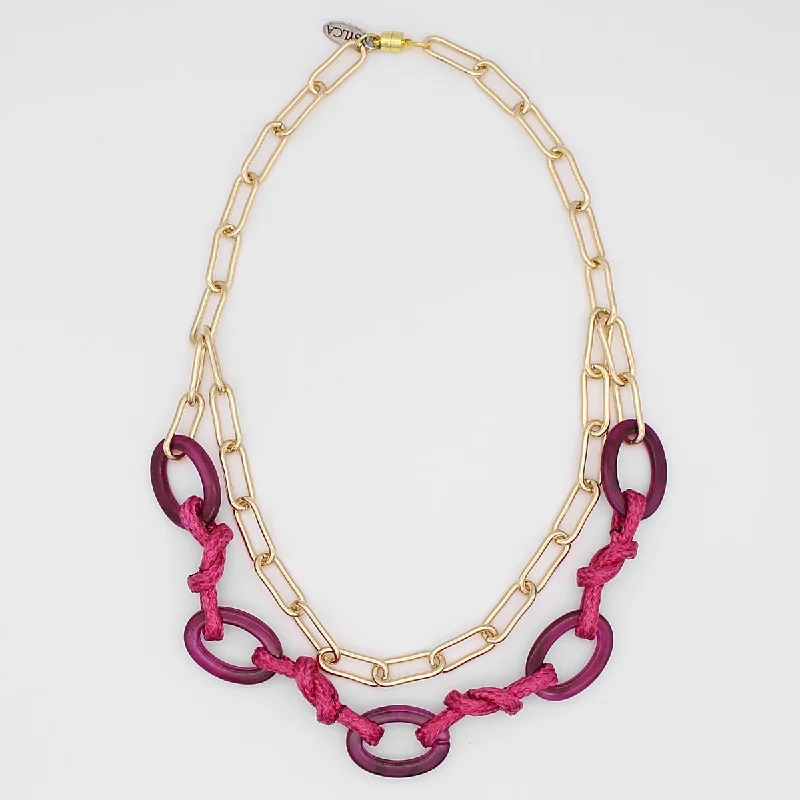 diamond tennis necklace for women -Fuchsia Rope and Gold Chain Statement Necklace