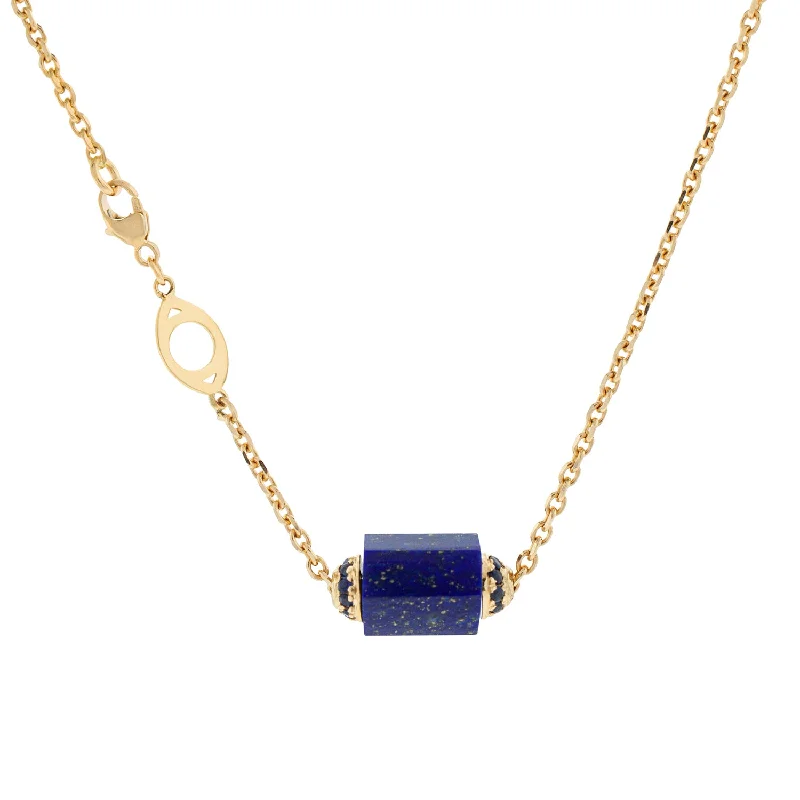 gold and silver necklace for everyday wear -Hexagon Lapis Bolt with Blue Sapphires Chain Necklace