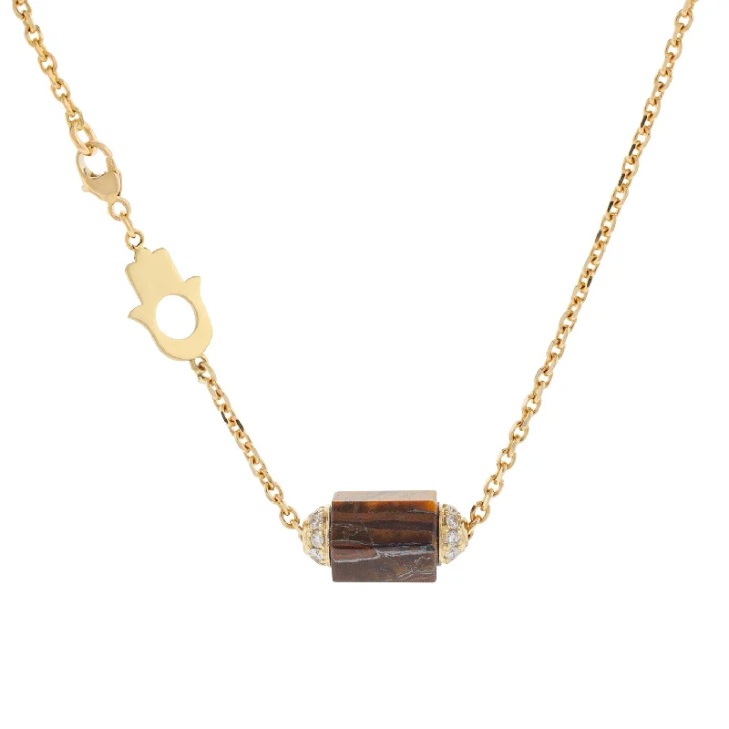 silver chain necklace for layering -Hexagon Tiger's Eye Bolt with White Diamonds Chain Necklace