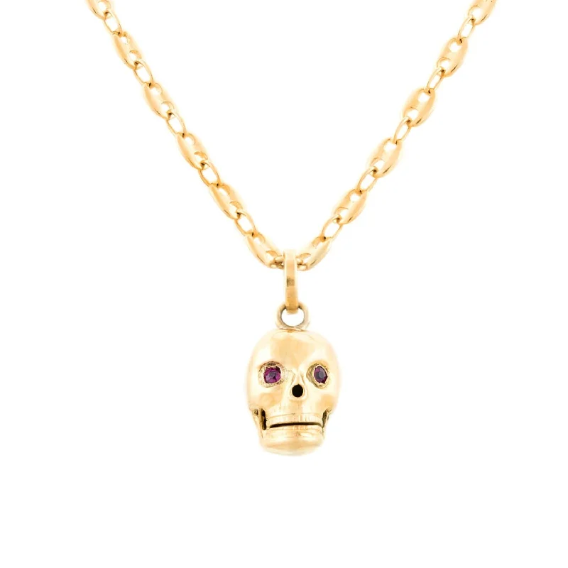 gothic style necklace for men -Late Victorian 14k Ruby Skull Charm with Mariner Link Chain