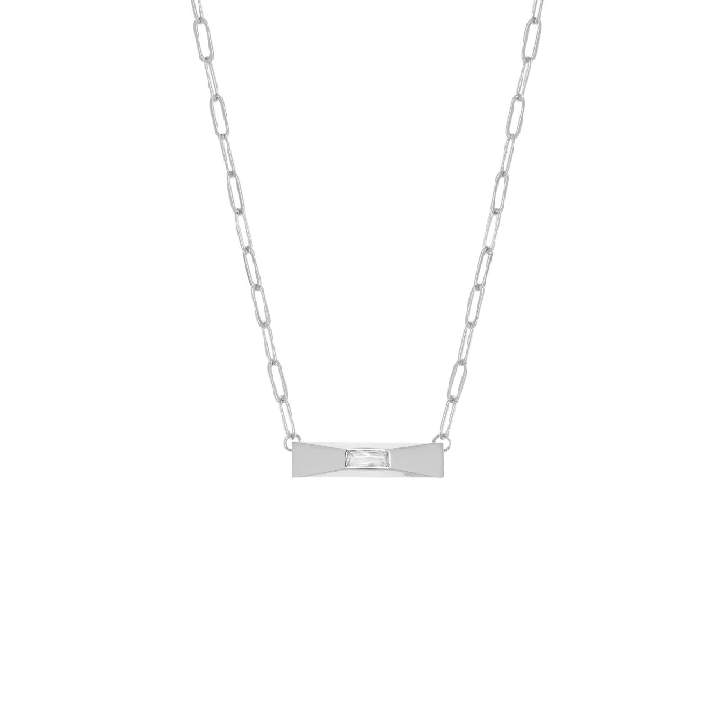 silver and gold necklace for layering -link chain necklace with horizontal bar and cz charm