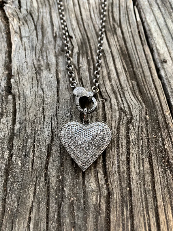 chunky silver necklace for men -Matte Rolo Chain with Pave Diamond Clasp.  Pave Diamond Heart Pendant