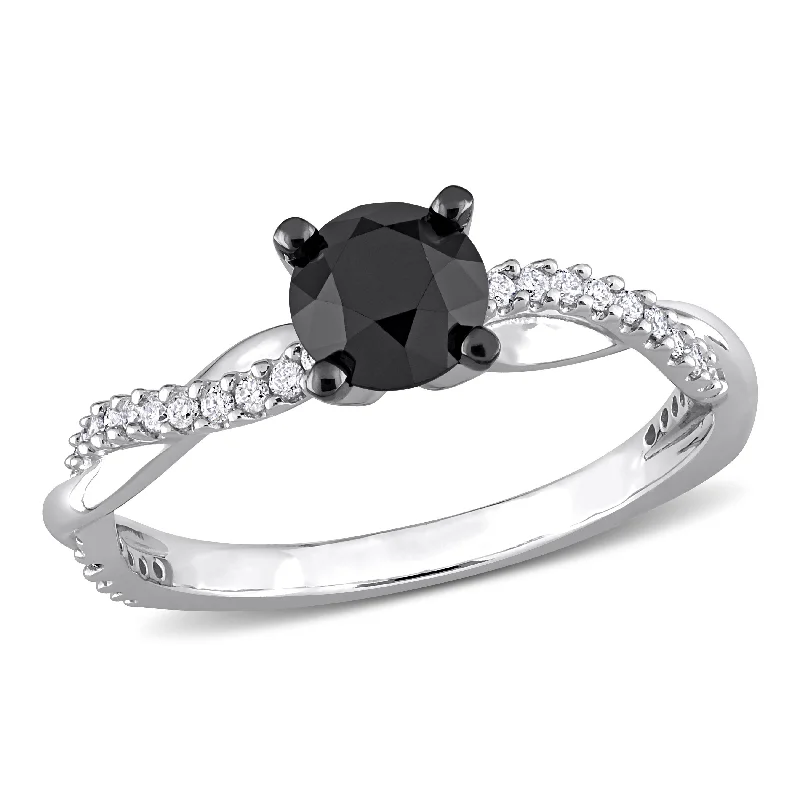 adjustable sterling silver ring for men -Miadora 1 1/6ct TDW Black & White Diamond Crossover Engagement Ring in 14k White Gold