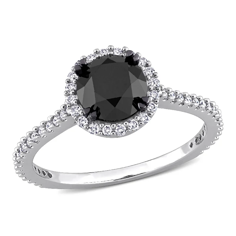 custom gold wedding band for couples -Miadora 1 3/4ct TDW Black and White Diamond Halo Engagement Ring in 14k White Gold