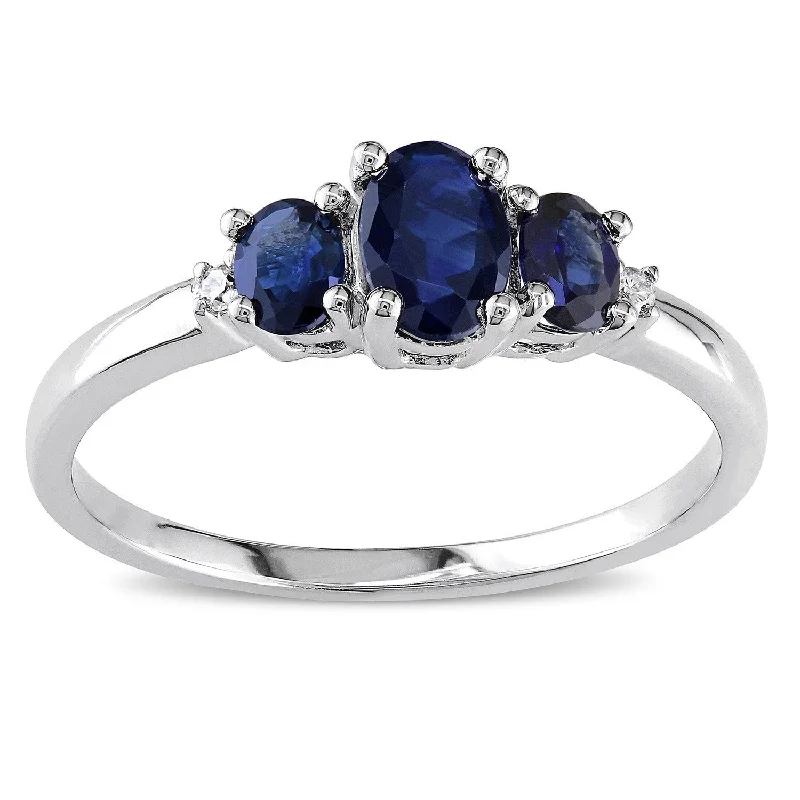 engraved promise ring for couples -Miadora 10k White Gold Blue Sapphire and Diamond 3-stone Ring