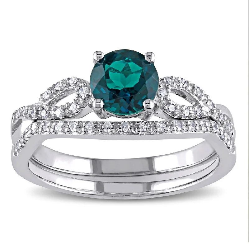 unique gold engagement ring for her -Miadora 10k White Gold Created Emerald and 1/6ct TDW Diamond Bridal Ring Set