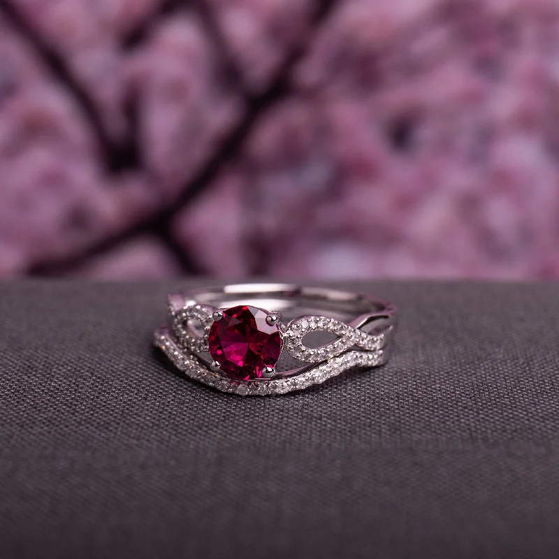 gold cocktail ring for women -Miadora 10k White Gold Created Ruby and 1/6ct TDW Diamond Bridal Ring Set