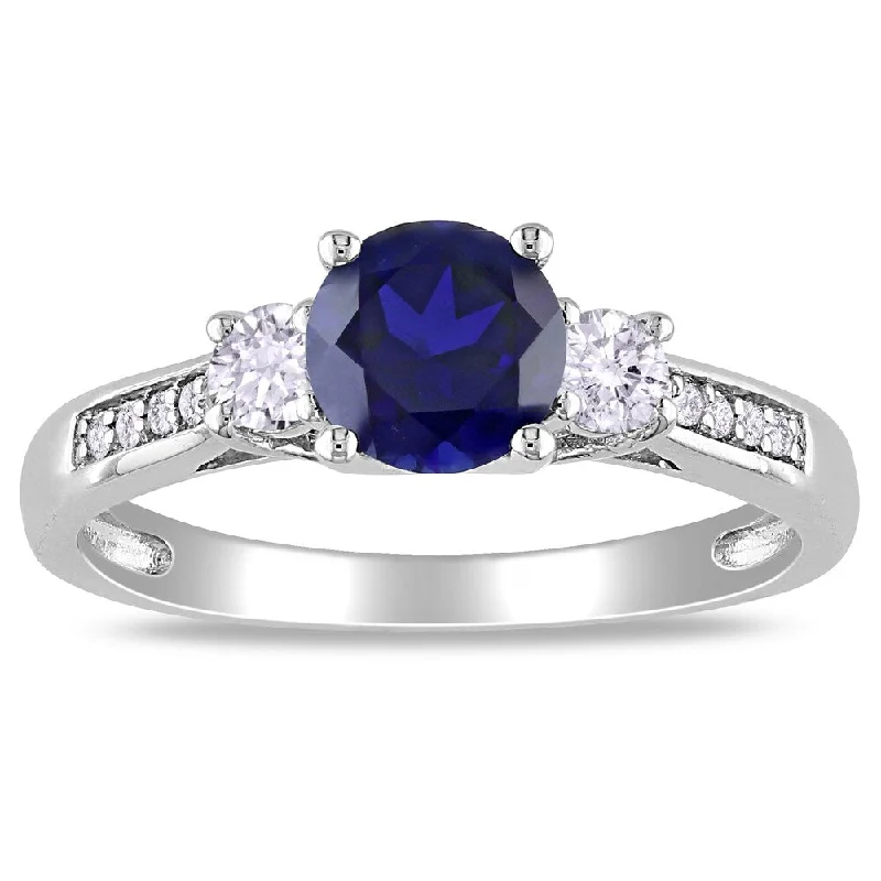 gold wedding ring for men with diamonds -Miadora 10k White Gold Created Sapphire and Diamond 3-stone Ring (H-I, I2-I3)