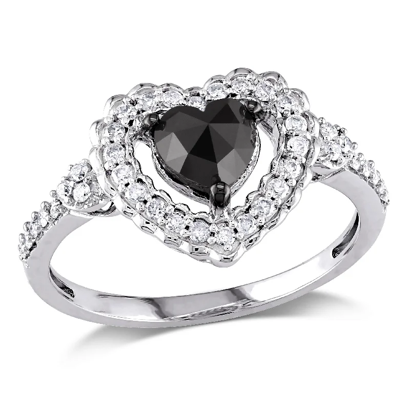 rose gold diamond ring for women -Miadora 1ct TW Black and White Halo Heart Shaped Diamond Engagement Ring in 10k White Gold