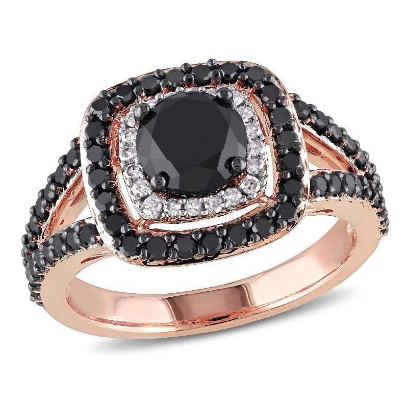 custom engraved rings for men -Miadora 2ct TW Black and White Double Halo Diamond Engagement Ring in 14k Rose Gold