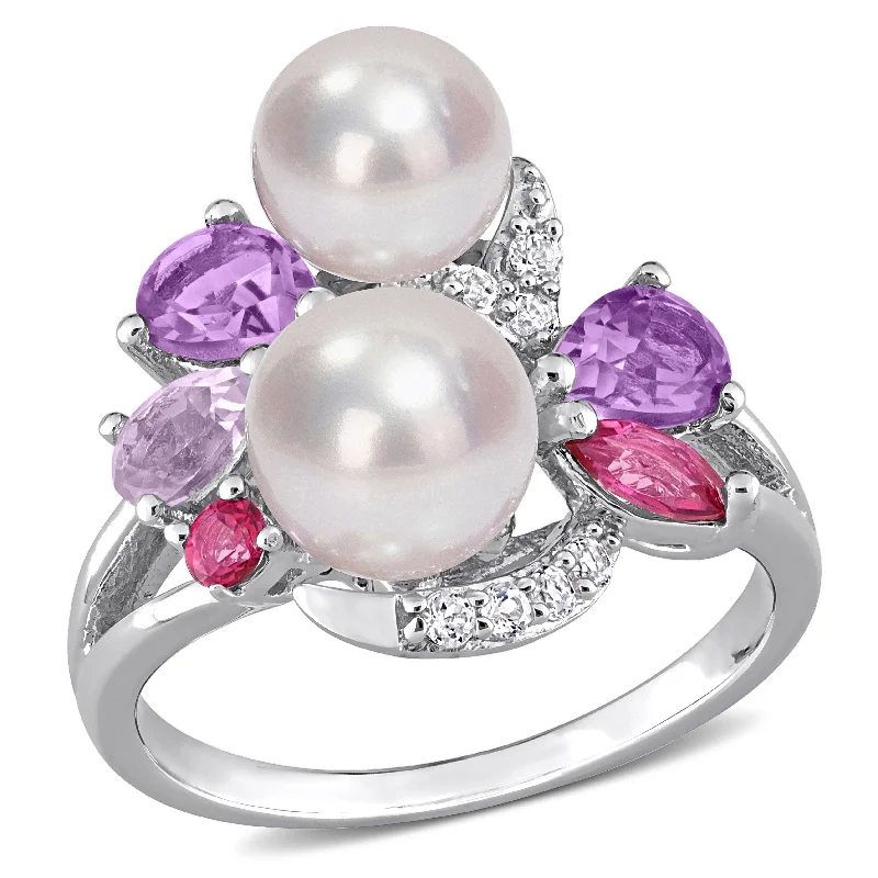 luxury diamond wedding ring for men -Miadora Cultured Freshwater Pearl and 1 3/8ct TGW Multi-Gemstone Cocktail Ring in Sterling Silver