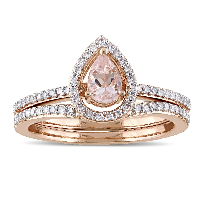 eternity band for women -Miadora Signature Collection 10k Rose Gold Pear-Cut Morganite and 1/3ct TDW Diamond Halo Bridal Set - Pink