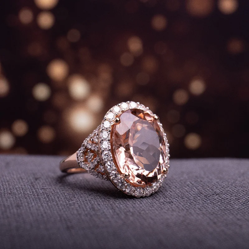 engraved promise ring for couples -Miadora Signature Collection 14k Rose Gold Oval-Cut Morganite and 1 2/5ct TDW Diamond Halo Cocktail Ring (G-H, SI1-SI2)