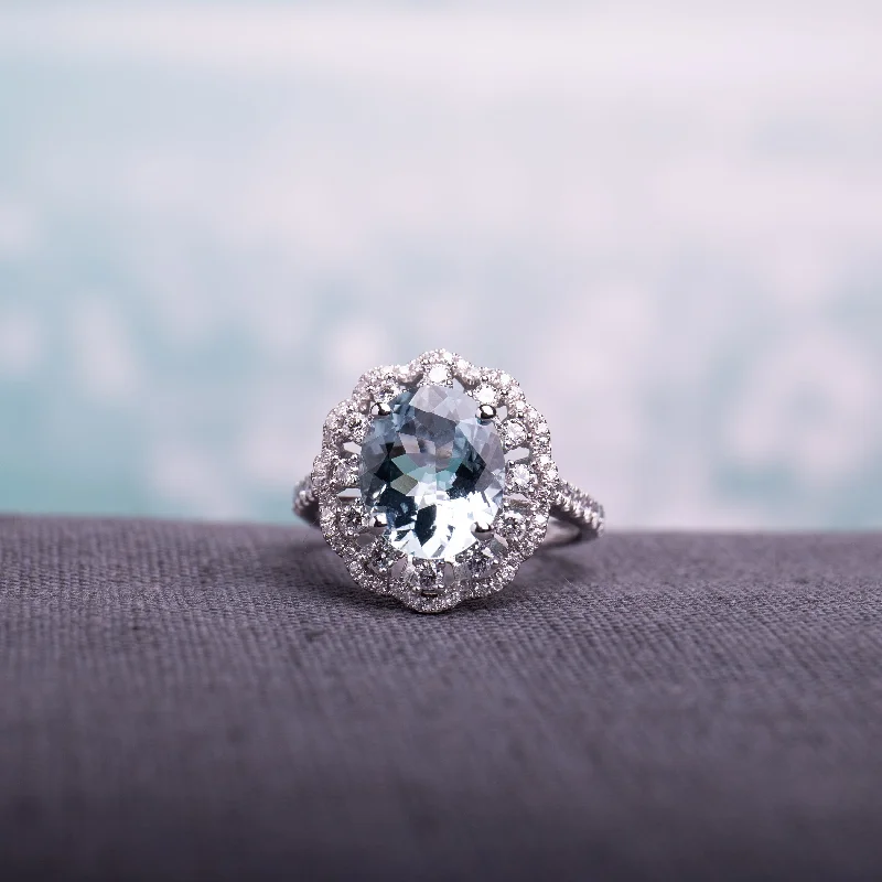 custom name ring for women -Miadora Signature Collection 14k White Gold Aquamarine and 3/4ct TDW Diamond Vintage-Inspired Floral - Blue