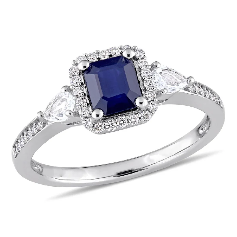 ruby engagement ring for women -Miadora Signature Collection 14k White Gold Octagon and Pear-cut Blue and White Sapphire Halo Engage