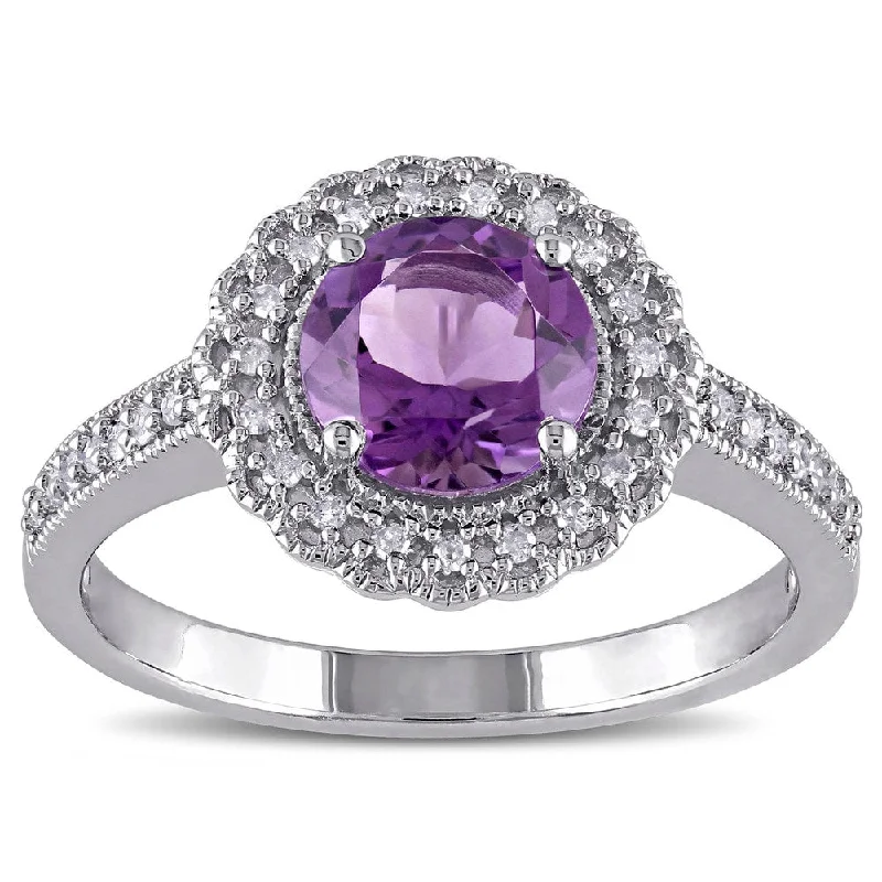 women’s silver stackable rings -Miadora Sterling Silver Amethyst and 1/6ct TDW Diamond Halo Ring (G-HI, I2-I3) - Purple