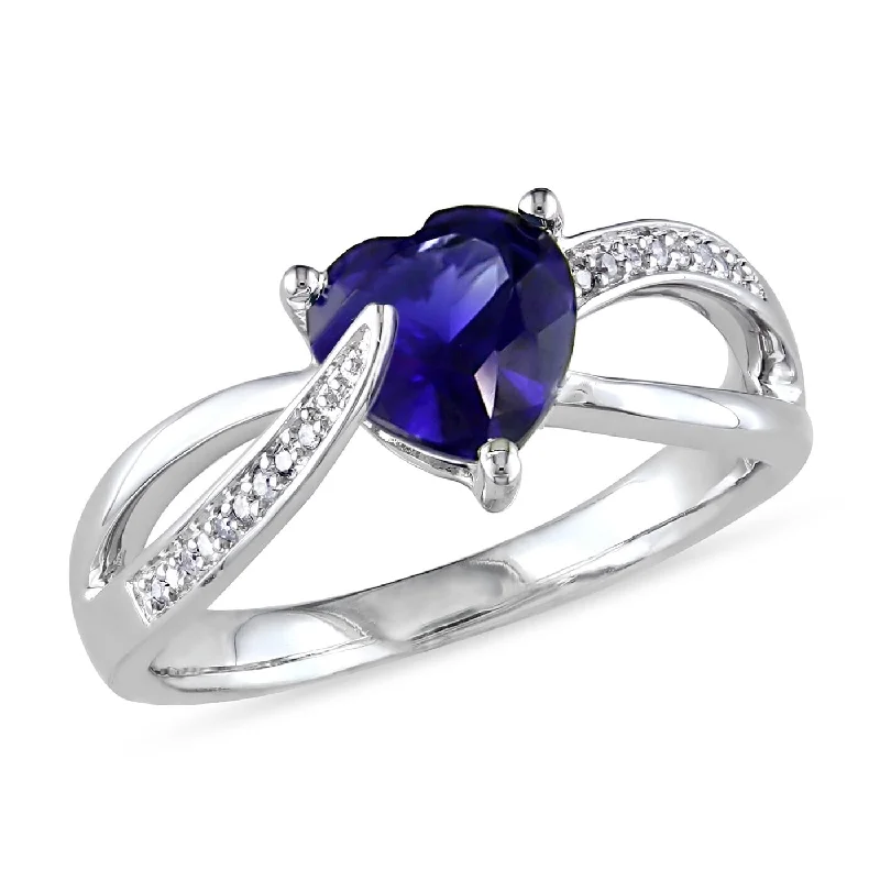 men’s unique wedding bands for him -Miadora Sterling Silver Created Blue Sapphire and Diamond Accent Heart Split Shank Ring (G-H, I2-I3)