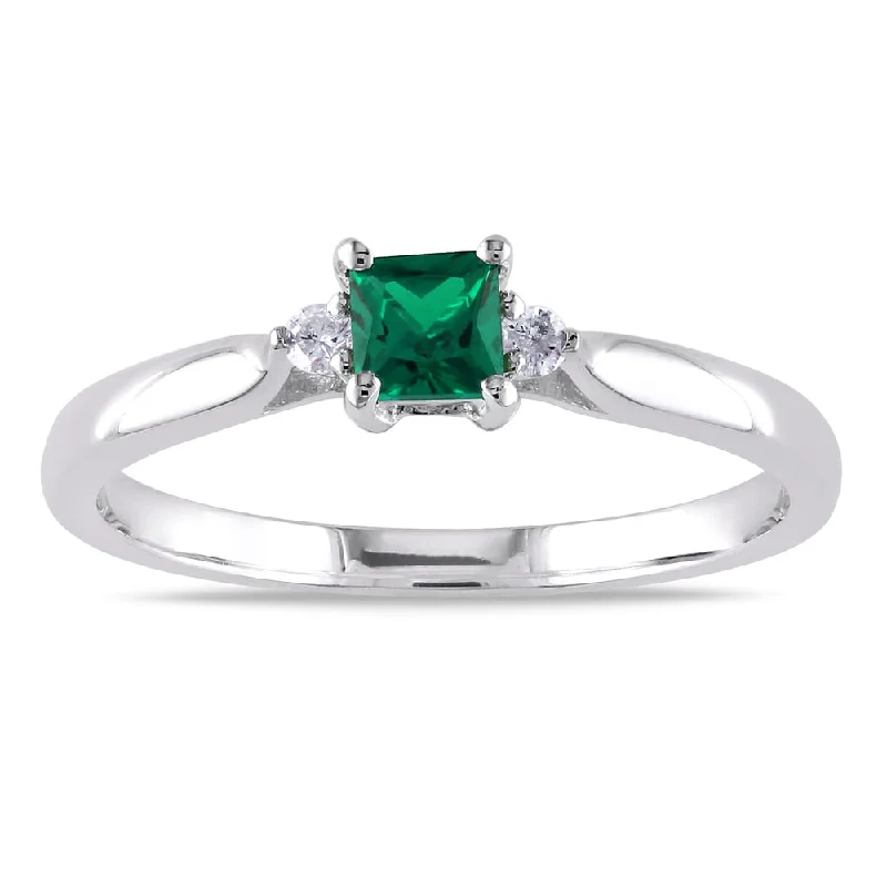 gold signet ring for men -Miadora Sterling Silver Created Emerald and Diamond 3-Stone Ring