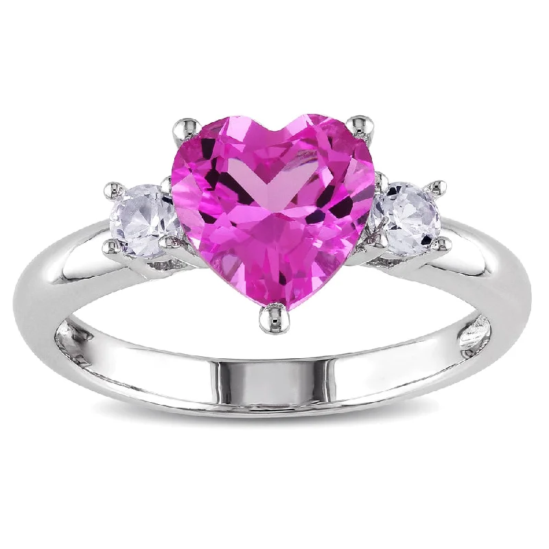 custom promise ring for couples -Miadora Sterling Silver Created Pink and White Sapphire Heart Ring