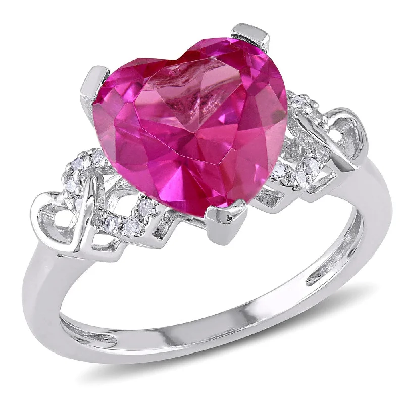 vintage ruby ring for women -Miadora Sterling Silver Created Pink Sapphire and Diamond Accent Heart Ring