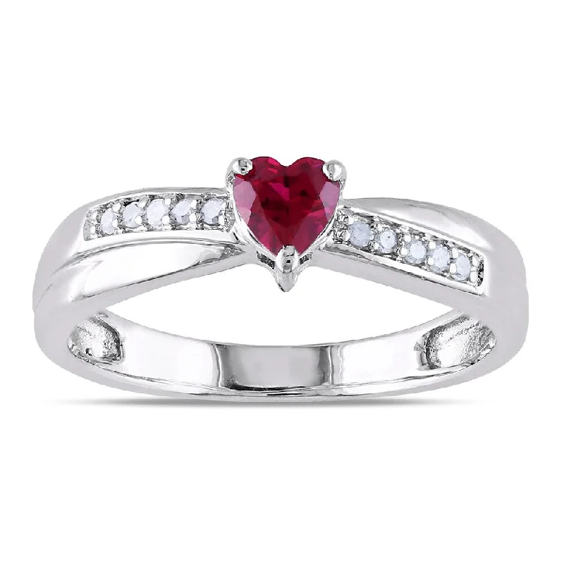 men’s gold wedding ring with diamonds -Miadora Sterling Silver Created Ruby and Diamond Accent Heart Ring