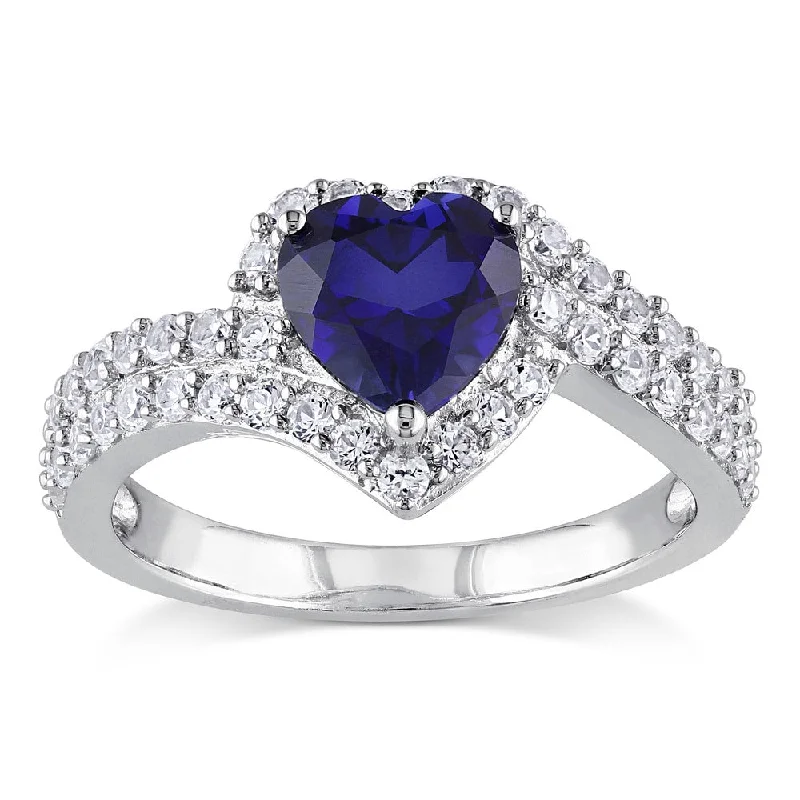 women’s cocktail ring with diamonds -Miadora Sterling Silver Created White and Blue Sapphire Heart Halo Crossover Ring