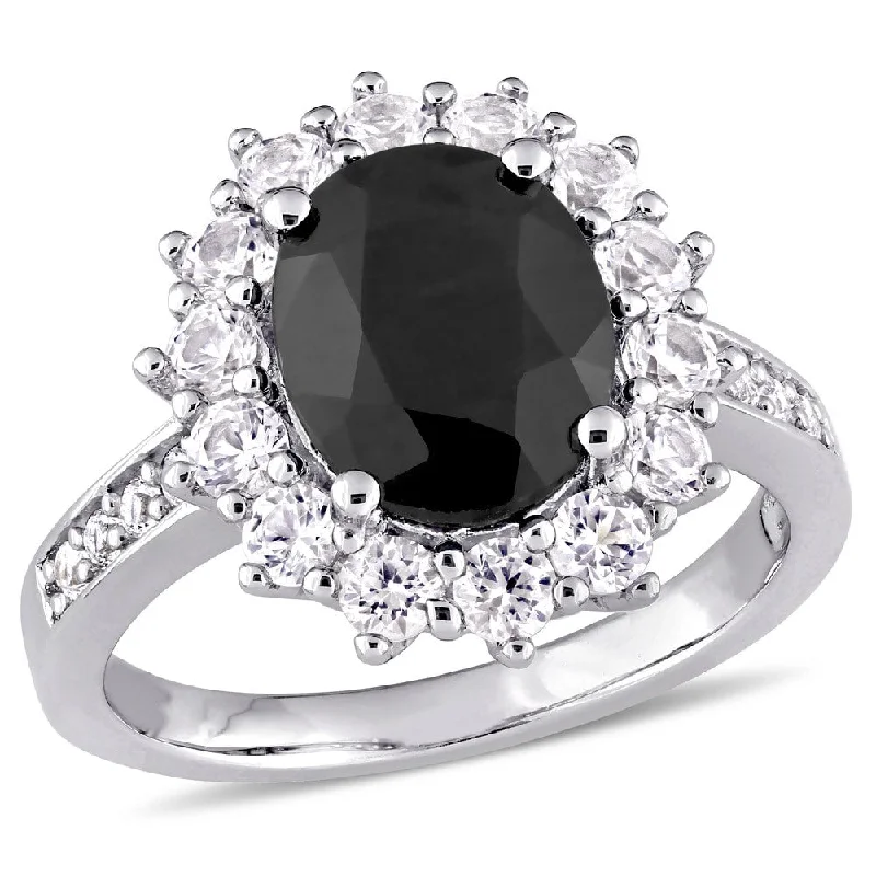 wedding ring set for brides -Miadora Sterling Silver Oval-Cut Black Sapphire and Created White Sapphire Halo Ring - Blue