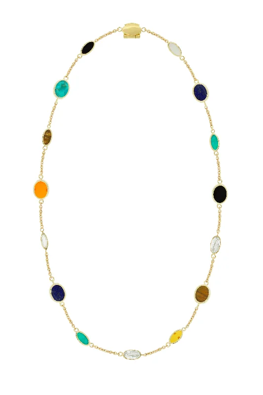 silver chain necklace for fashion -Multi Oval Gemstone Gold Chain Necklace with Diamonds