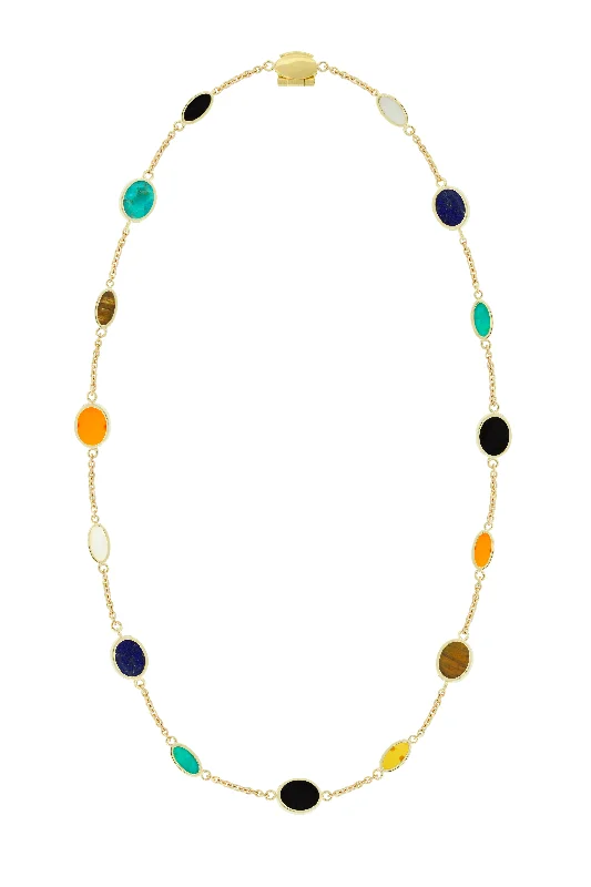 emerald necklace for anniversaries -Multi Oval Gemstone Gold Chain Necklace