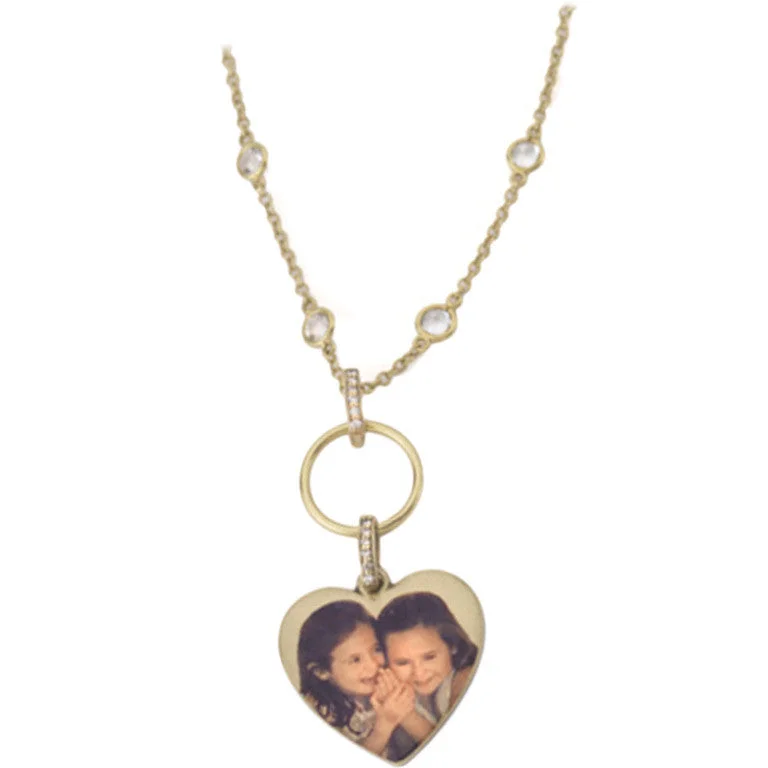 statement necklace for parties -Personalized Gold Heart Shaped Picture Pendant on White Topaz "by the Yard" type Chain