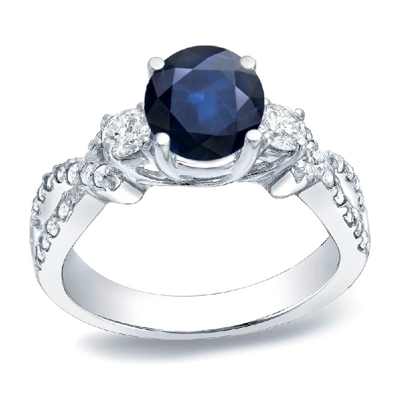 women’s cocktail ring with diamonds -Platinum Round 1ct Sapphire and 1/2ct TDW 3-Stone Diamond Engagement Ring by Auriya