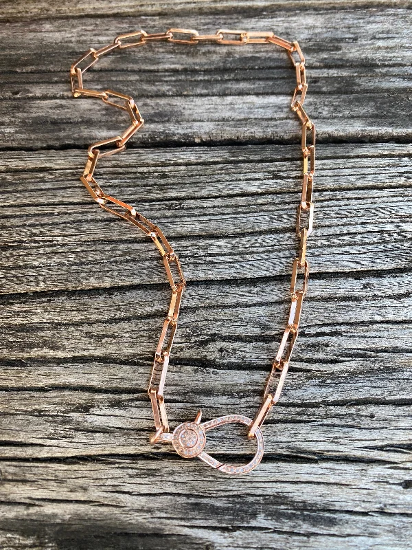 infinity symbol necklace for couples -Rose Gold Paper Clip Chain with Pave Diamond Clasp.