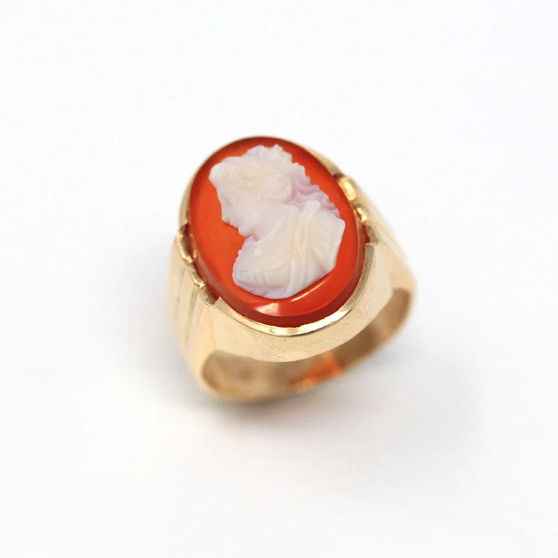 moonstone ring for women -Sale - Sardonyx Cameo Ring - Retro Era 14k Yellow Gold Orange White Genuine Carved Gem - Vintage Circa 1940s Size 5.5 Woman Portrait Jewelry