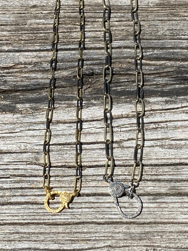 sterling silver heart necklace for women -Silver and Gold Paper Clip Chain with Pave Diamond Clasp