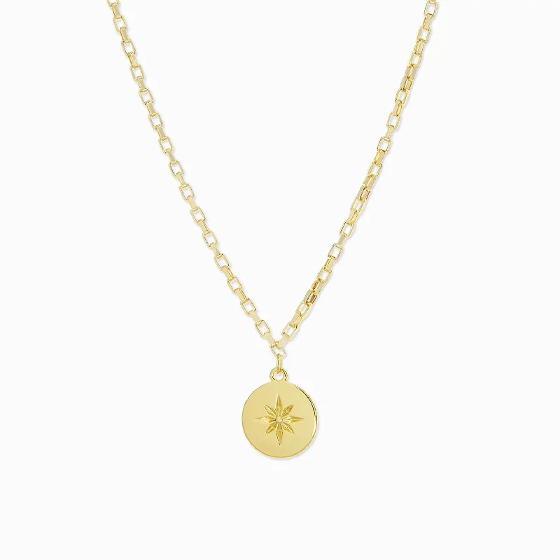 pearl and gold necklace for weddings -box chain necklace with compass coin charm