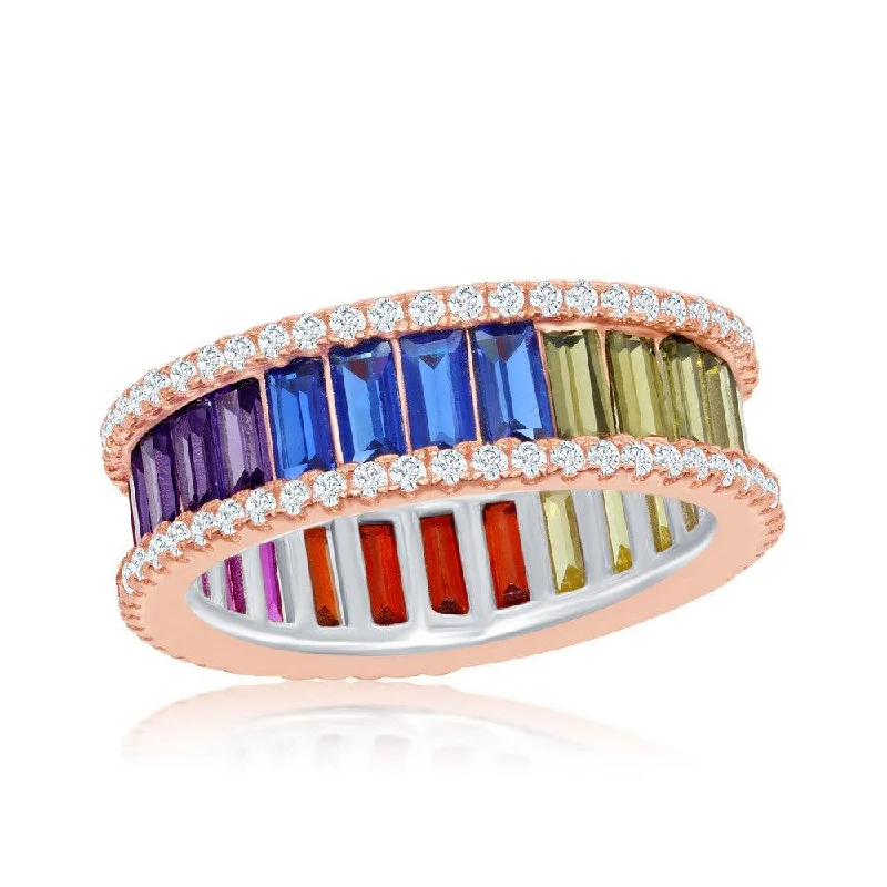 large sapphire ring for men -Sterling Silver Rainbow Baguette CZ Band Ring - Rose Gold Plated