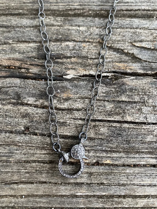 stylish gold necklace for everyday wear -Sterling Silver Small Circle Textured Chain. Pave Diamond Lobster Claw Clasp