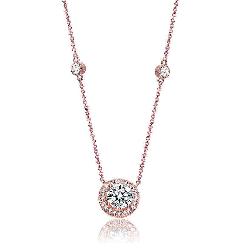 gothic style necklace for men -Sterling Silver with Rose Gold Plated Halo Clear Round Cubic Zirconia Chain Necklace