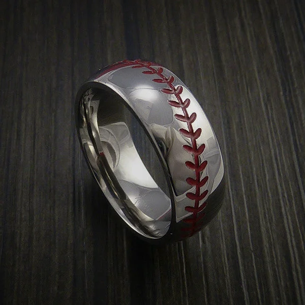 women’s gold band with diamonds -Titanium Baseball Ring with Polish Finish