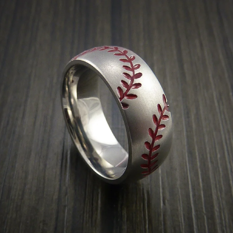 unique rings for men -Titanium Double Stitch Baseball Ring with Bead Blast Finish