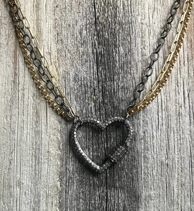 personalized photo necklace for gifts -Triple Strand Chain Necklace with Pave Diamond Heart Carabiner