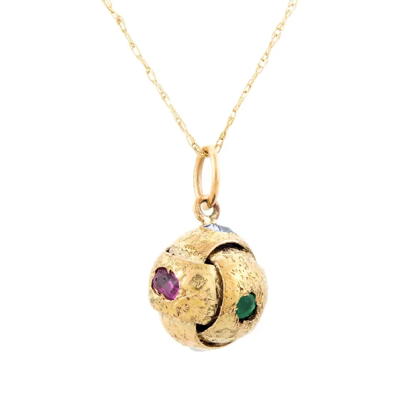 diamond heart necklace for anniversaries -Victorian 14k Multi Stone Woven Ball Pendant and Chain