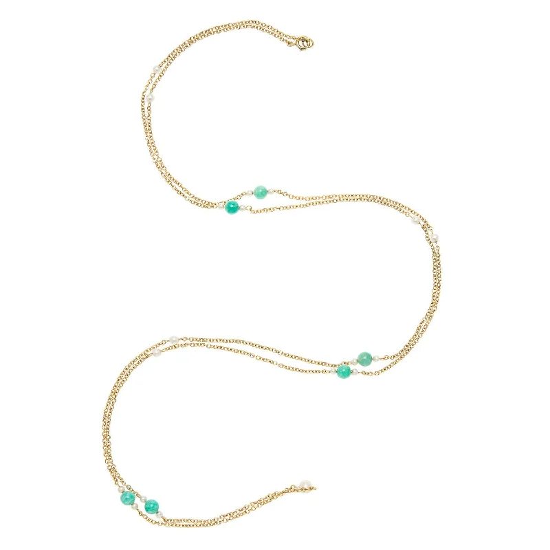 handmade gold necklace for special occasions -Victorian 14k Pearl + Jade Bead Chain Necklace 34"