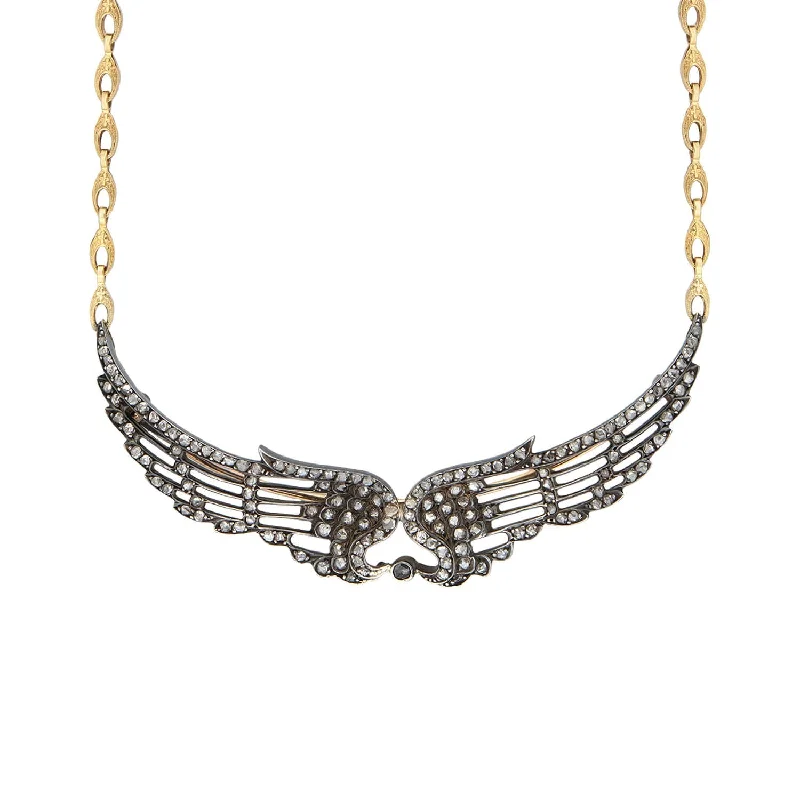 trendy gold necklace for fashion lovers -Victorian Large 18kt/Sterling Diamond Wings Pin/Necklace with 14kt Chain