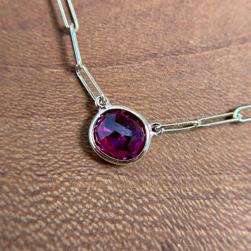 geometric necklace for women -Vintage Cushion Cut Ruby on 14K Paperclip Chain