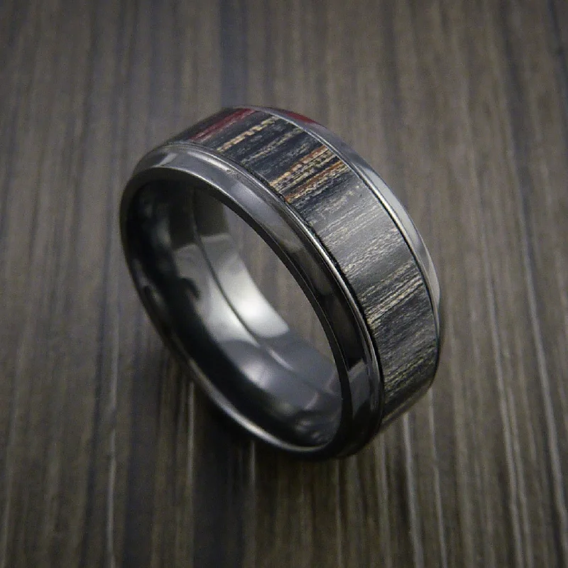 men’s unique wedding bands for him -Black Titanium Men's Ring with Wood Inlay Custom Made Wedding Band